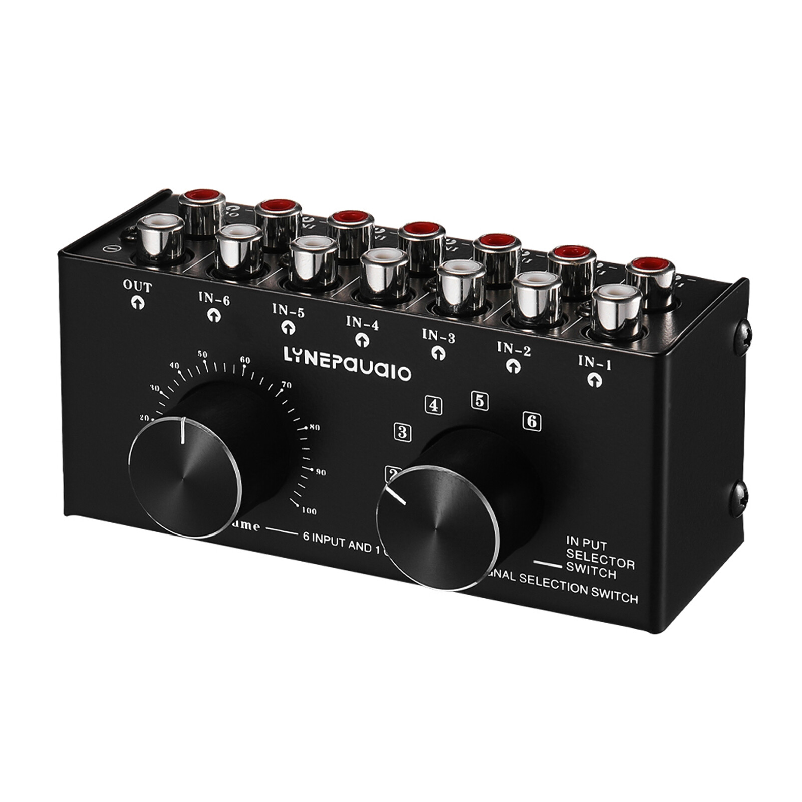 6-In-2-Out Audio Switcher Two-Way Audio Signal Selector Box Splitter Distributor with RCA Inputs & Outputs