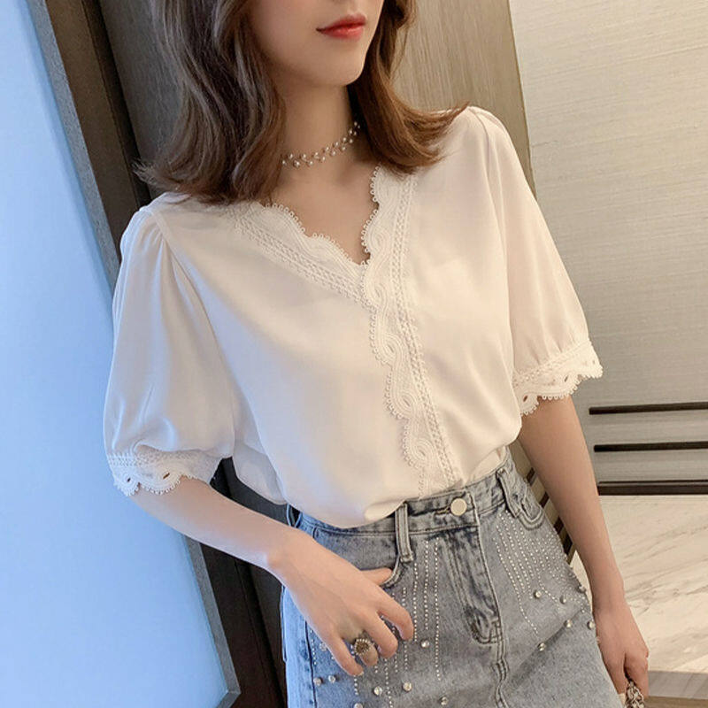 Women Half Sleeve Loosewhite T-shirt Lace Chiffon Shirt