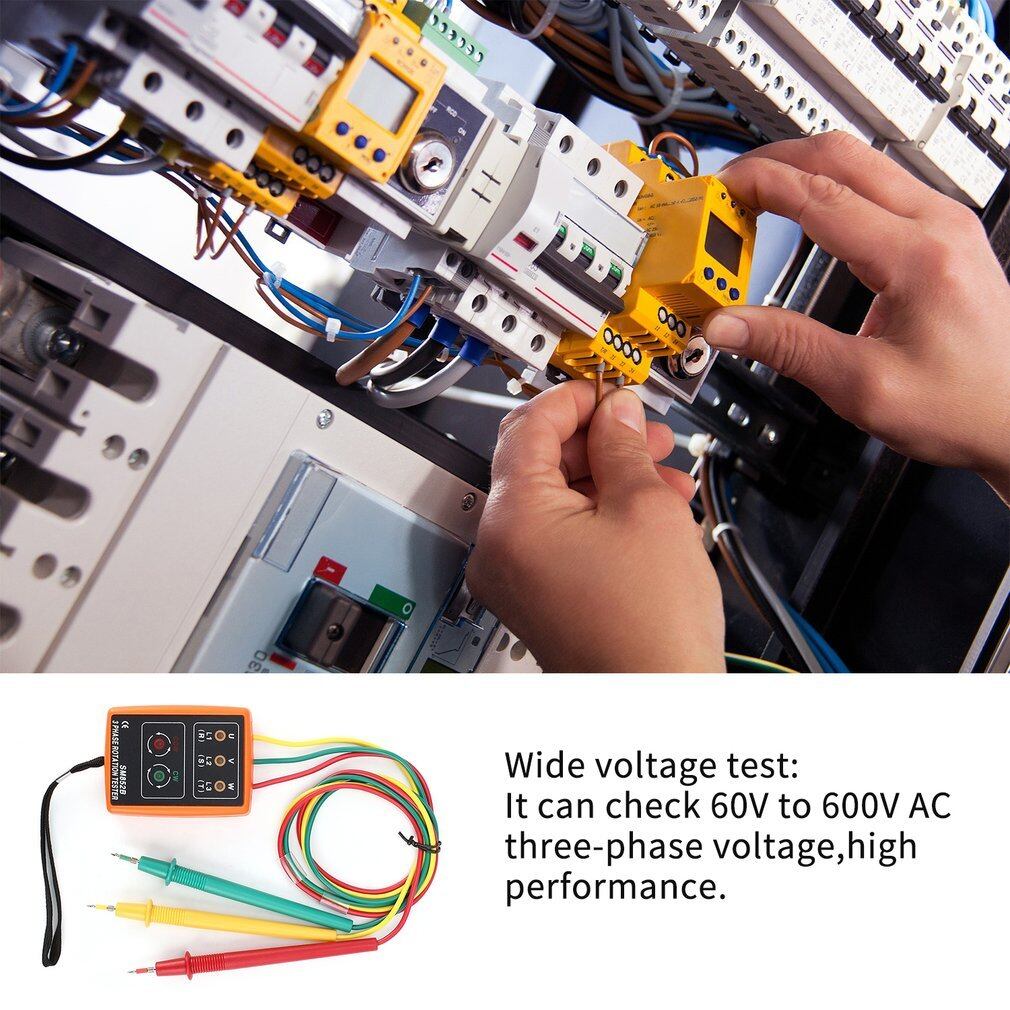 OBBB SM852B 3 Phase Rotation Tester 60V-600V AC Digital Phase Indicator Detector LED Buzzer Phase Sequence Meter Voltage Tester