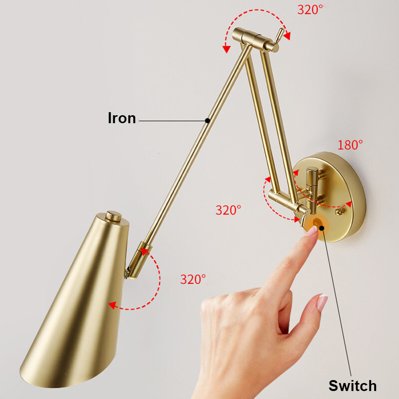 Adjustable LED wall lamp E27 wall light with switch golden and black sconces indoor lighting home decor wall decor for living room bedroom bedside kitchen dining room light fixture