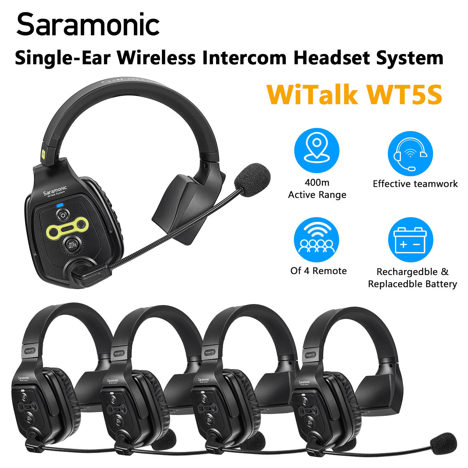 Saramonic WiTalk WT5S Hệ Thống Tai Nghe 5 Người Một Tai Full-Duplex Thiết Bị Liên Lạc Nội Bộ Không Dây 400M 1 Master & 4 Remote Team Communication Tai Nghe Một Tai Cho Nhà Thờ Drone Sản Xuất Phim Truyền Hình