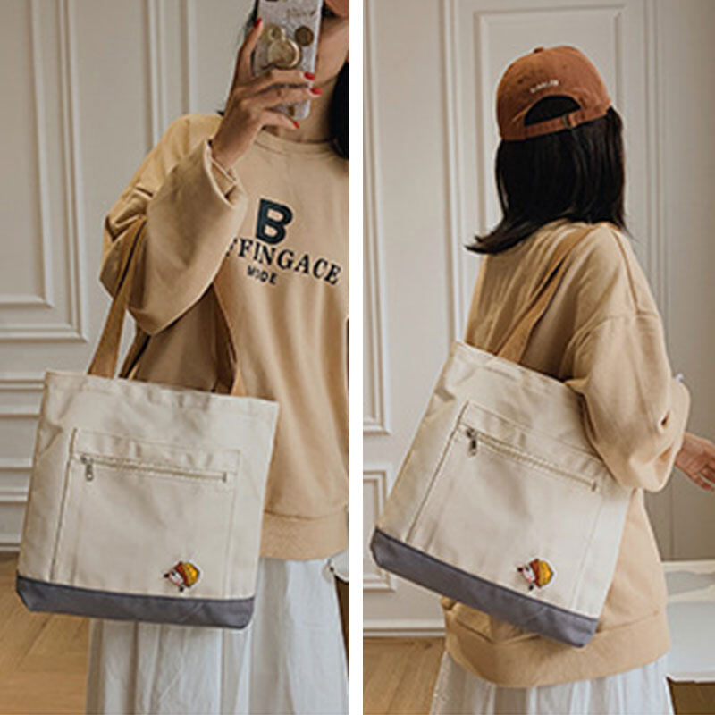 CHIC JOY Shoulder bag new large capacity canvas bag simple solid color shoulder tote bag simple student bag canvas bag