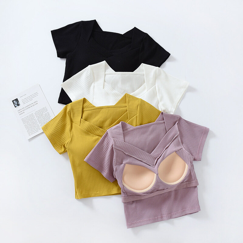 SUPERFLOWER Modische Damen-T-Shirts mit Brustpolstern, V-Ausschnitt, kurze Ärmel, atmungsaktive kurze Oberteile_voghion.com