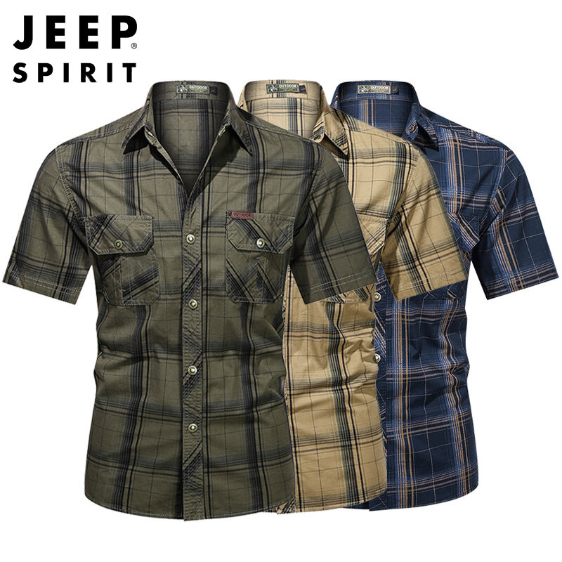 JEEP SPIRIT New Men's Shirt 100% Cotton Military Uniform Fashion Short-sleeved Shirt Casual Shirt Lapel Plaid