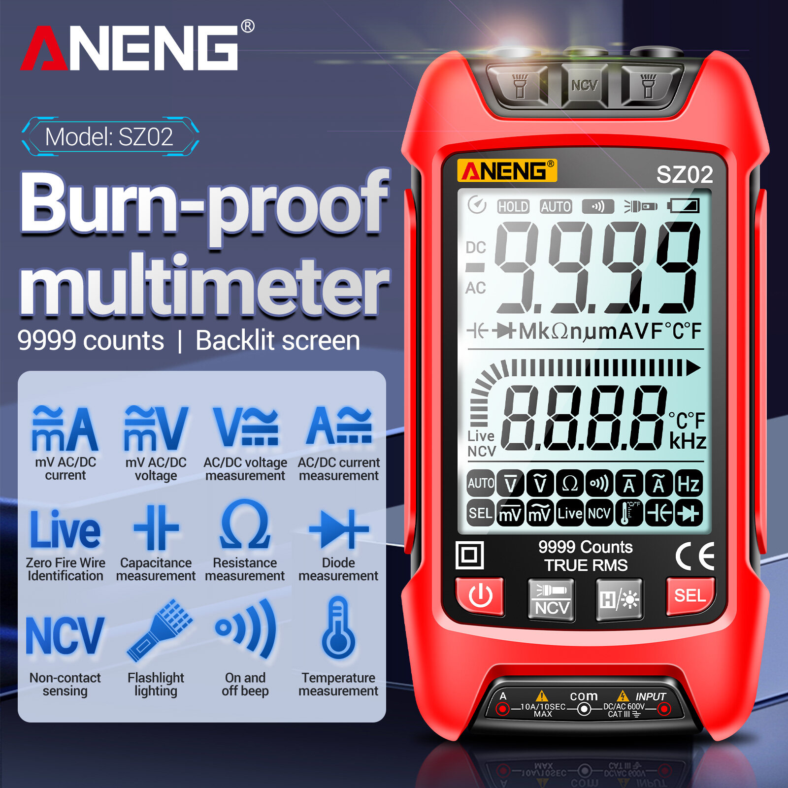 KKmoon Đồng Hồ Vạn Năng Kỹ Thuật Số Thông Minh ANENG SZ02 Đồng Hồ Vạn Năng NCV Phạm Vi Tự Động 9999 Số Đếm Máy Kiểm Tra Đa Năng Cầm Tay Vôn Kế Ampe Kế Có Đèn Nền Đèn Pin Điện Áp AC/DC & Điện Trở Dòng Điện Đo Nhiệt Độ Tần Số Điện Dung