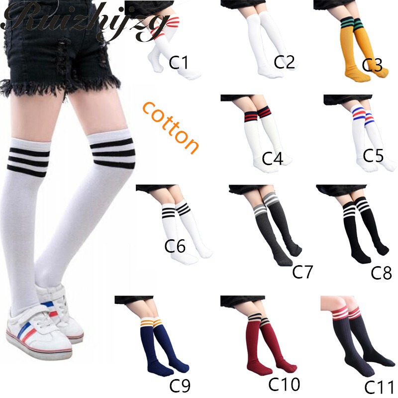 Ruizhijzg Ready stock Cotton Knee High Long Socks with White Stripe Sport for Kids Girl Boy