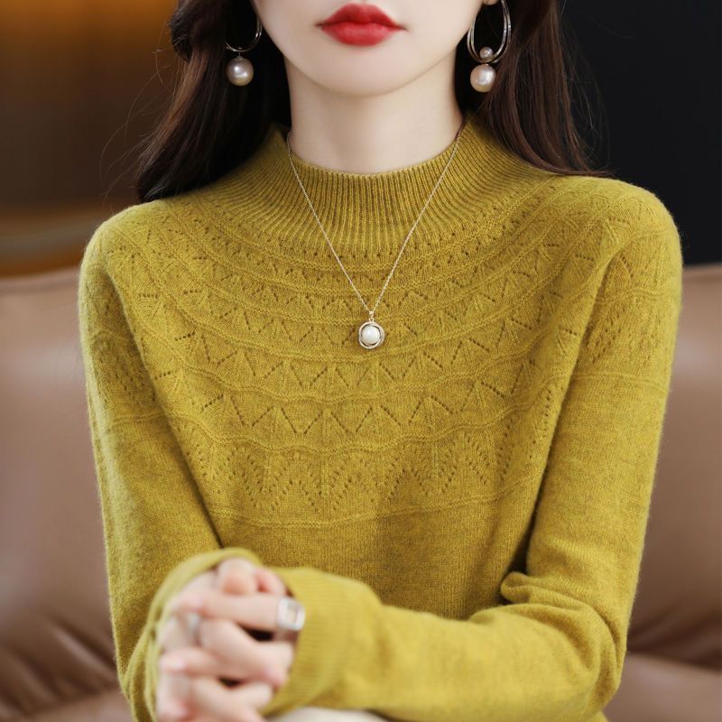 Hollow Out Solid Color Knitted Sweater Women's Half High Collar Loose Pullover Long Sleeved Sweater Korean Version Versatile Short Style Knitted Sweater Worn Inside and Outside