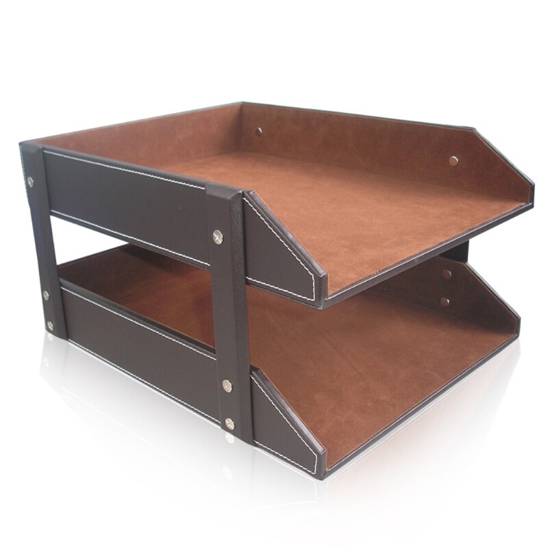 A4 Document File Organizer Tray Double Layers Desk PU Leather Paper Holder Magazine Rack Storage Holder for Home School