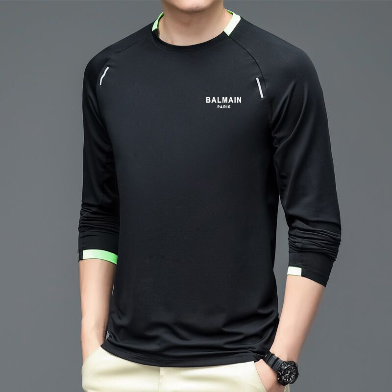 Original BALMAINˉPARIS Men's Long Sleeve Round Neck Gym Running Training Sports T-shirt Casual Simple Bottoming Tee for Men