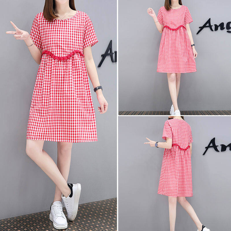 Cotton Dress Women's Round Neck Casual Loose Large Plaid A-line Dress Women's Clothing