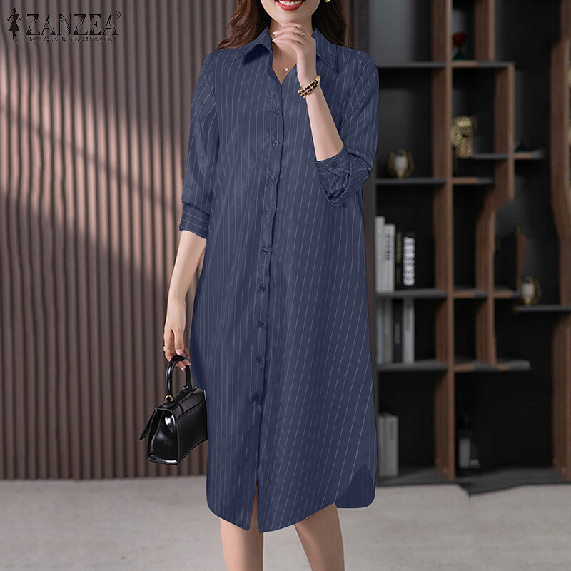 Zanzea women long sleeve lapel neck button up curved hem slit hem shirt midi dress #11