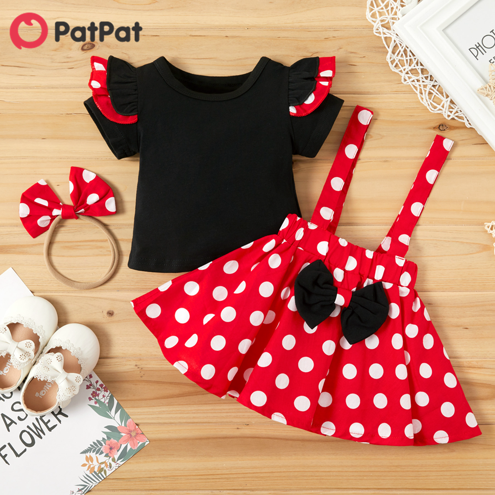 PatPat Baby Girl Clothing New Year Sets Cotton 2-Piece Sweet Polka Dot Dress Tops and Skirt Set for 0-3 Years