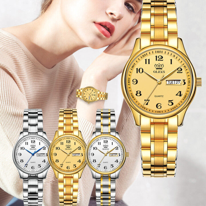 OLEVS Fossil G Shock Quartz Watch for Women Sale Original Pawnable Waterproof Korean Style Elegant Fashion Stainless Steel Casual Watch Gold/White/Gold-Sliver