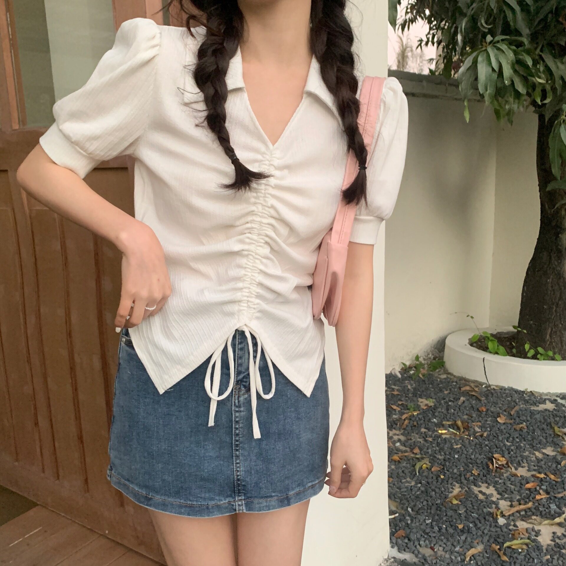 Áo Thun Cổ Bẻ Ngắn Tay Áo Thun Cổ Chữ V Ngắn Dây Rút Bất Đối Xứng Dáng Ôm Mùa Hè Cho Nữ