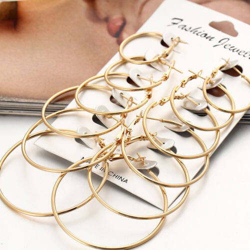 【♡Lovely girls house♡】6Pairs/set Vintage Silver Gold Big Circle Hoop Earrings Women Steampunk Ear Clip
