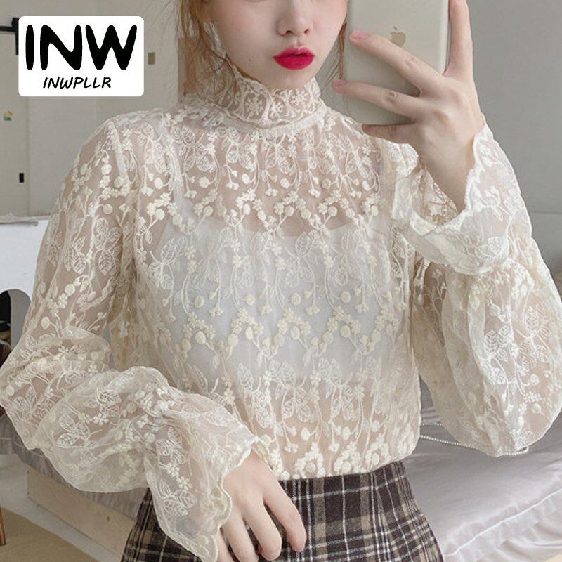 INWPLLR Autumn Newest Lace Tops Women Korean Crochet Blouse Fashion Long Sleeve All-match Shirts Casual Half Turtleneck Soft Shirt Lady