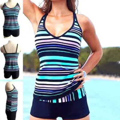 Kraiefs Plus Size Women 'S Striped Swimsuit Tankini Top Boy Shorts Swimming Bathing Suit