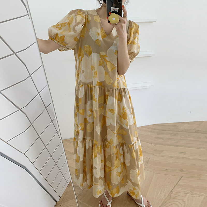 Hàn Quốc Chic Mùa Hè Kiểu Pháp Phong Cách Retro Nhuộm Loang Màu Cổ Chữ V Xếp Nếp Dáng Suông Rộng Qua Đầu Gối Dáng Dài Tay Bồng Đầm