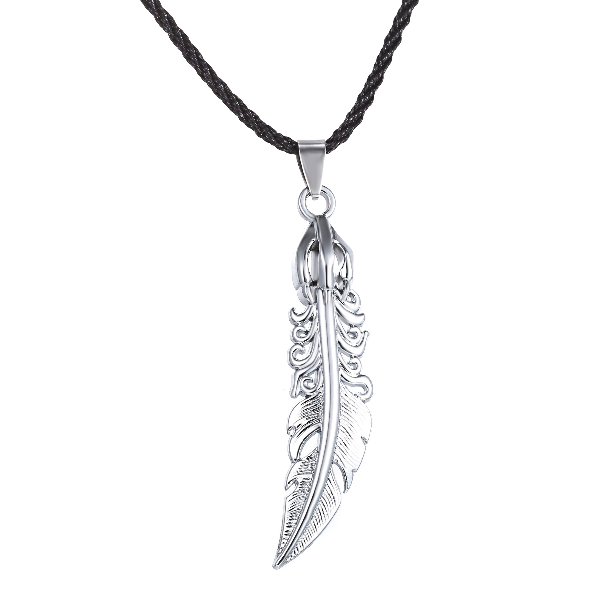 Classic Retro Stainless Steel Feather Pendant Women Men's Jewelry Flash Unisex Choker Necklace Black Cord Leather Chain Adjustable