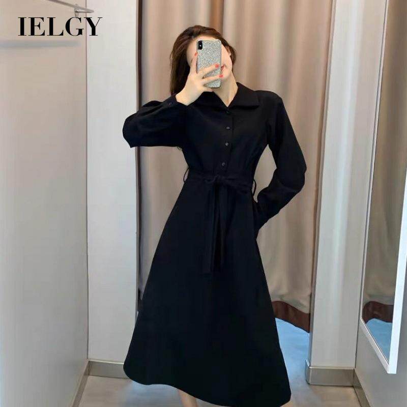 IELGY Women's clothes v-neck waist fashionable all-match dress female black high waist type A long skirt