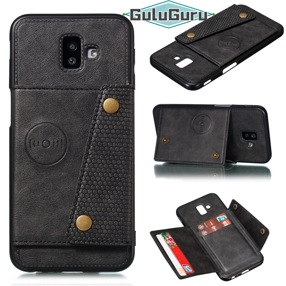 for Samsung J6+ & J6Plus Leather Case Multiple Folio Flip Cover Wallet Back Case Shell, can work with Car Mount, Hidden ID Credit Card Slot Holder, Retro Metal Button Clasp, Stand Support