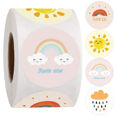 500 Pcs Round Cartoon Thank You Stickers Cute Sun Rainbow Clouds Sticker For Handmade Gift Decor Labels Kids Reward Stickers
