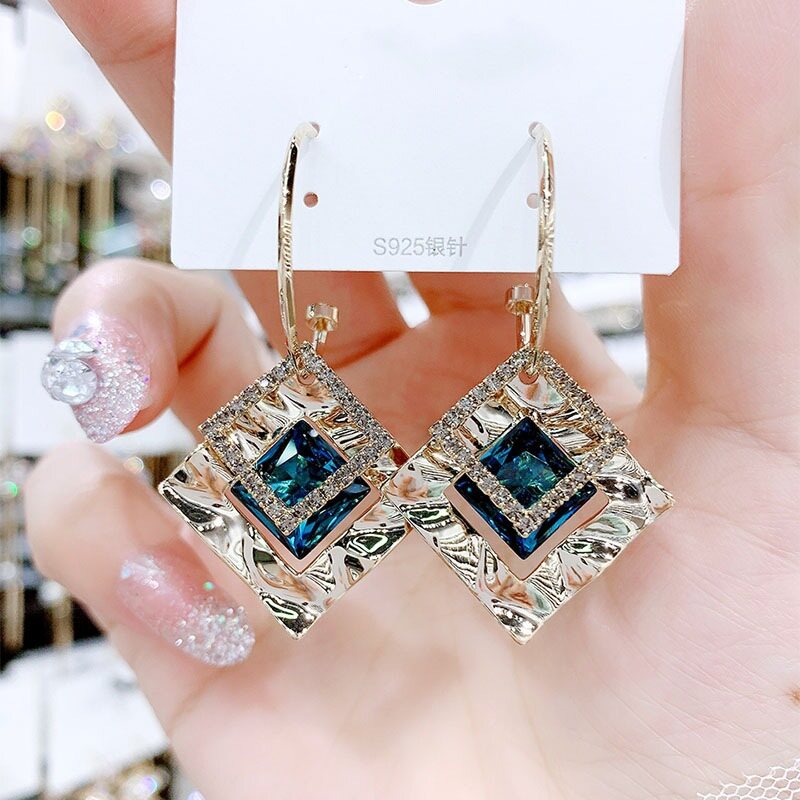T-B Korean Earrings New 925 Silver Needle Earrings Temperament Fashion Atmosphere Blue Square Crystal Earrings Geometric High-end C-shaped Earrings Earrings Women