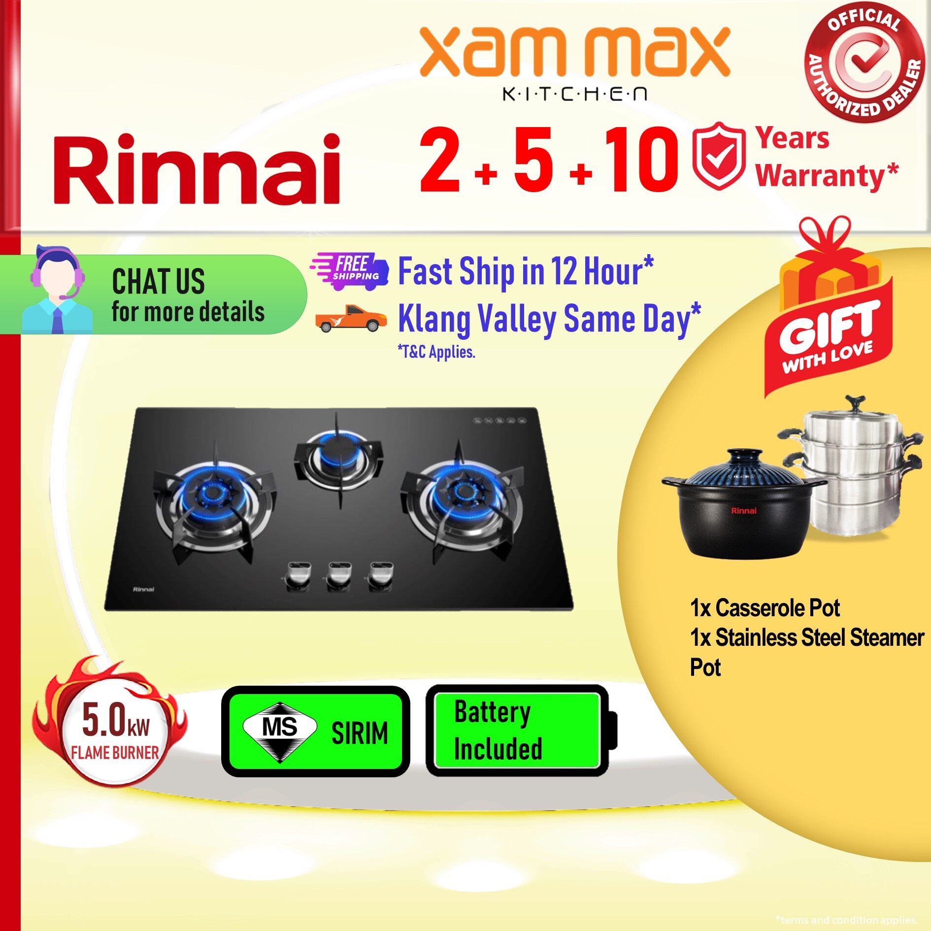 Rinnai Gas Hob RB 983G 5.0kW Burner BuiltIn / Free Standing Gas Burner 88cm Cooker Hob 3