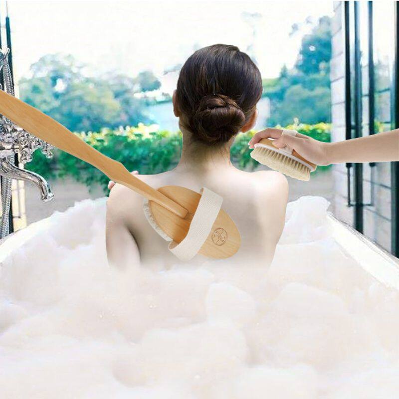 [HCM]Bàn Chải Khô Chà Lưng Lông Tự Nhiên Bàn Chải Tắm Với Tay Cầm Bằng Gỗ Dài Có Thể Tháo Rời Dụng Cụ Làm Sạch Mát Xa Cơ Thể Tẩy Tế Bào Chết Da Khô