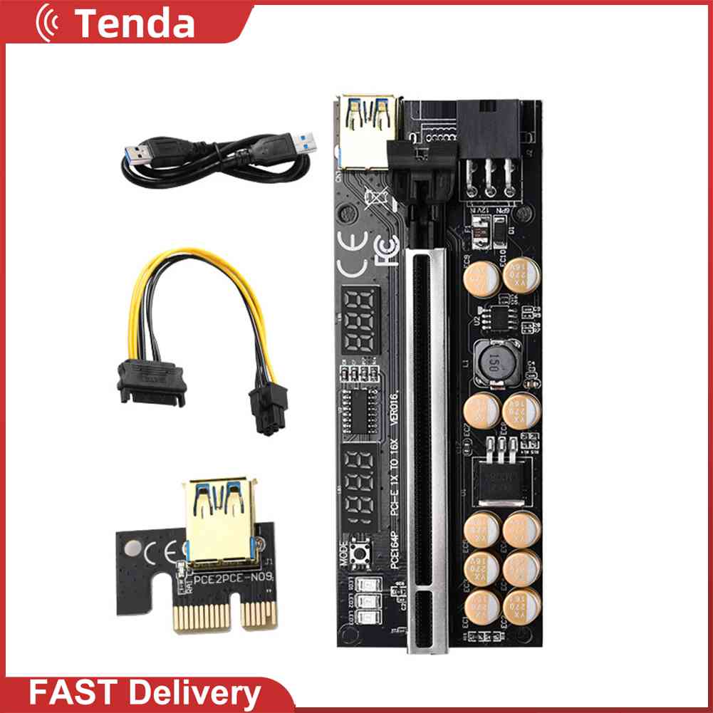 Ver016 usb 3.0 high-speed pci express pci-e 16x riser card extender adapter with led sata to 6p power cable temperature voltage display for mining bitcoin miner graphics card