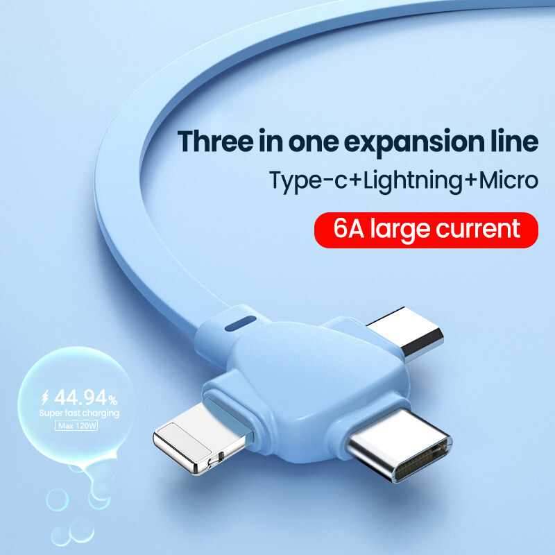 VAORLO 3 in 1 Fast Charging Cable 7 Color Triangular Telescoping Data Transmission Wire Compatible With iPhone Portable For Travel Charger Line For Xiaomi Huawei