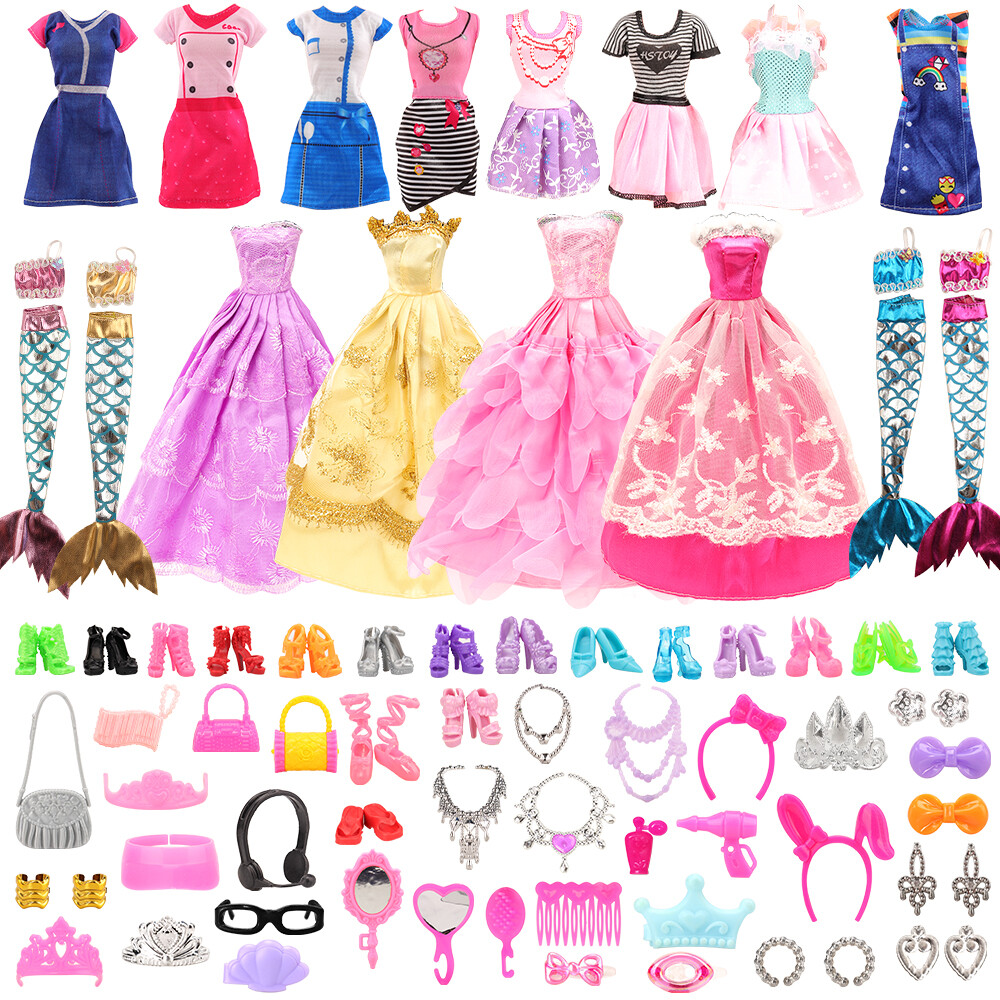 Barwa 62 Pcs For Barbie Doll Fixed 4 Dress 4 Fishtail Dress 4 Mermaid Swimsuits +Random 10 Pairs of Shoes+Random 40 Accessories
