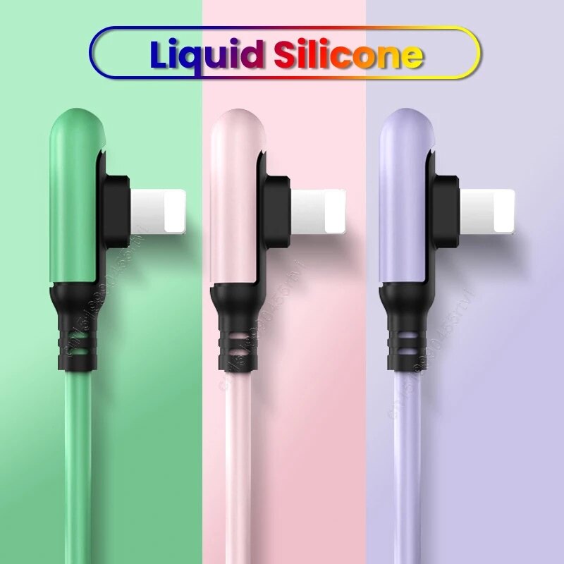 90 Degree 3A Fast Charging USB Cable Cord /Fast Charging Charger Liquid Silicone Data Cable Compatible with IPhone