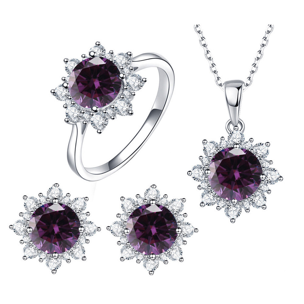 Gravitational wave Women Cubic Zirconia Snowflake Pendant Necklace Stud Earrings Ring Jewelry Set