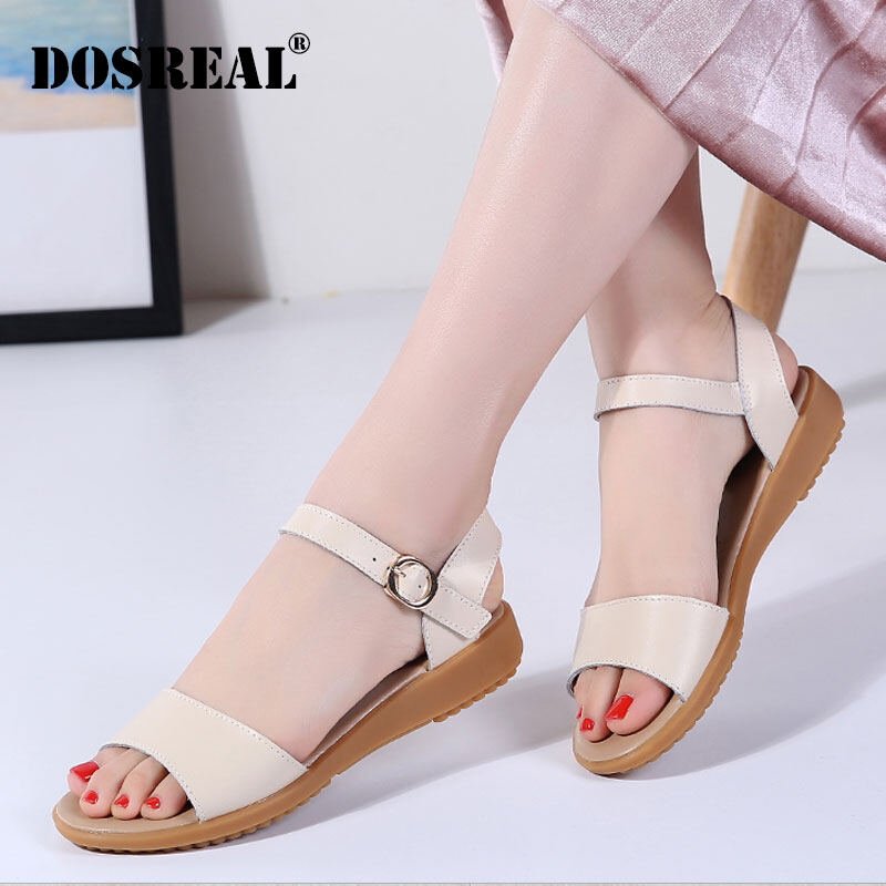 DOSREAL Summer Sandals Women Flat Shoes Peep-Toe Sandals For Women Leather Beach Shoes White Black Ladies Shoes For Women
