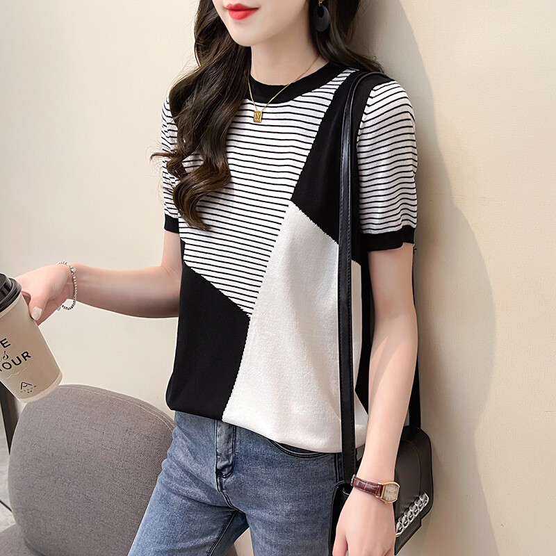 Luckin store women short sleeve colorful knit shirt loose t-shirt korean round neck loose sleeves women's blouse summer tops 女性短袖上衣