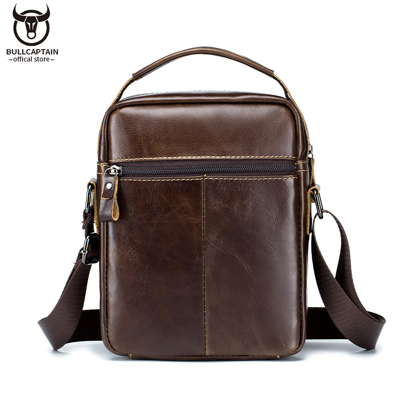 BULLCAPTAIN Leather Shoulder Messenger Bag Men's Classic Retro Multifunctional Double-Layer Storage Hanging Keychain Handbag