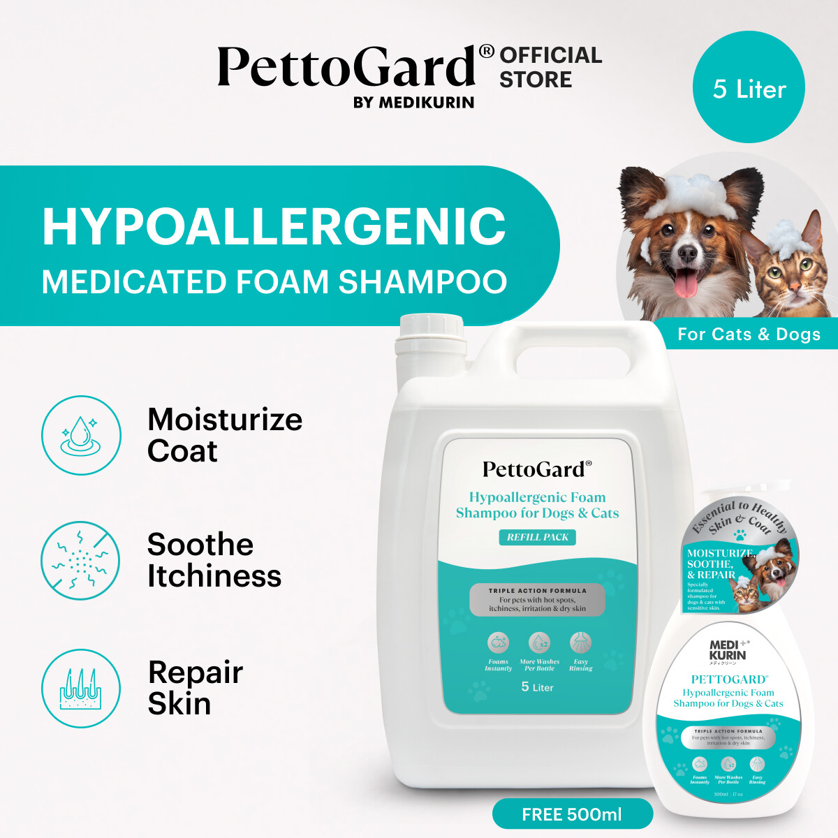PettoGard Hypoallergenic Foam Shampoo for Dogs & Cats 5L (for