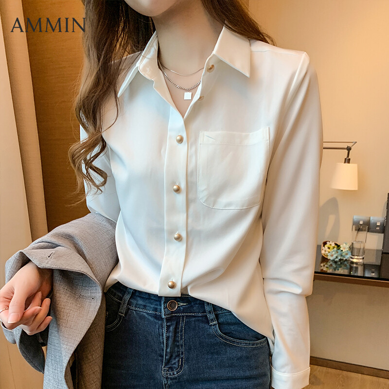AMMIN Korean beautiful white chiffon shirt For Women new long-sleeved slim-fit blouse lady fashion casual Blouse