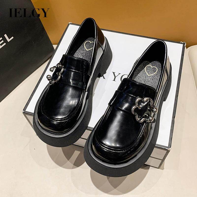 IELGY College style round toe loafers women's bright leather sunflower metal buckle