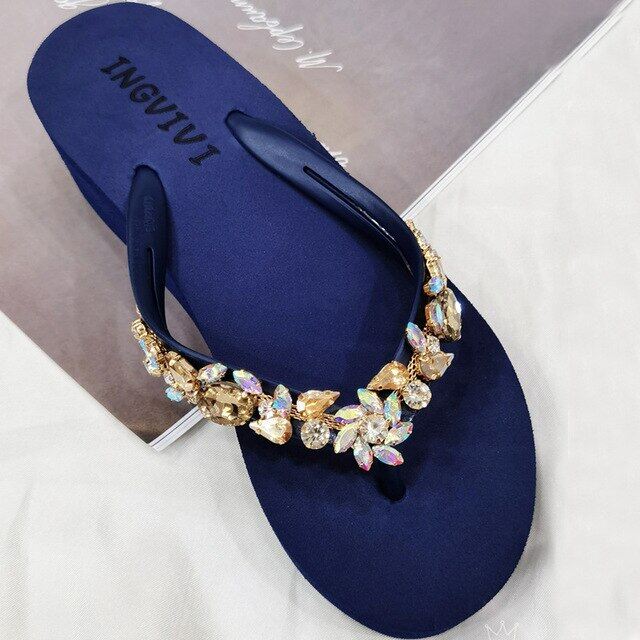 Beach Sandals Navy Blue Rhinestone Flip Flops Glitter Flip Flops