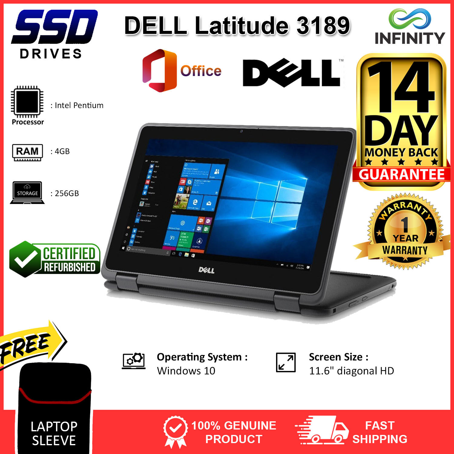 Dell Latitude 3189 / Education / 2-in-1 Touch Screen ‎x360º/ Intel Pentium  Processor / Windows 10 /  | Lazada