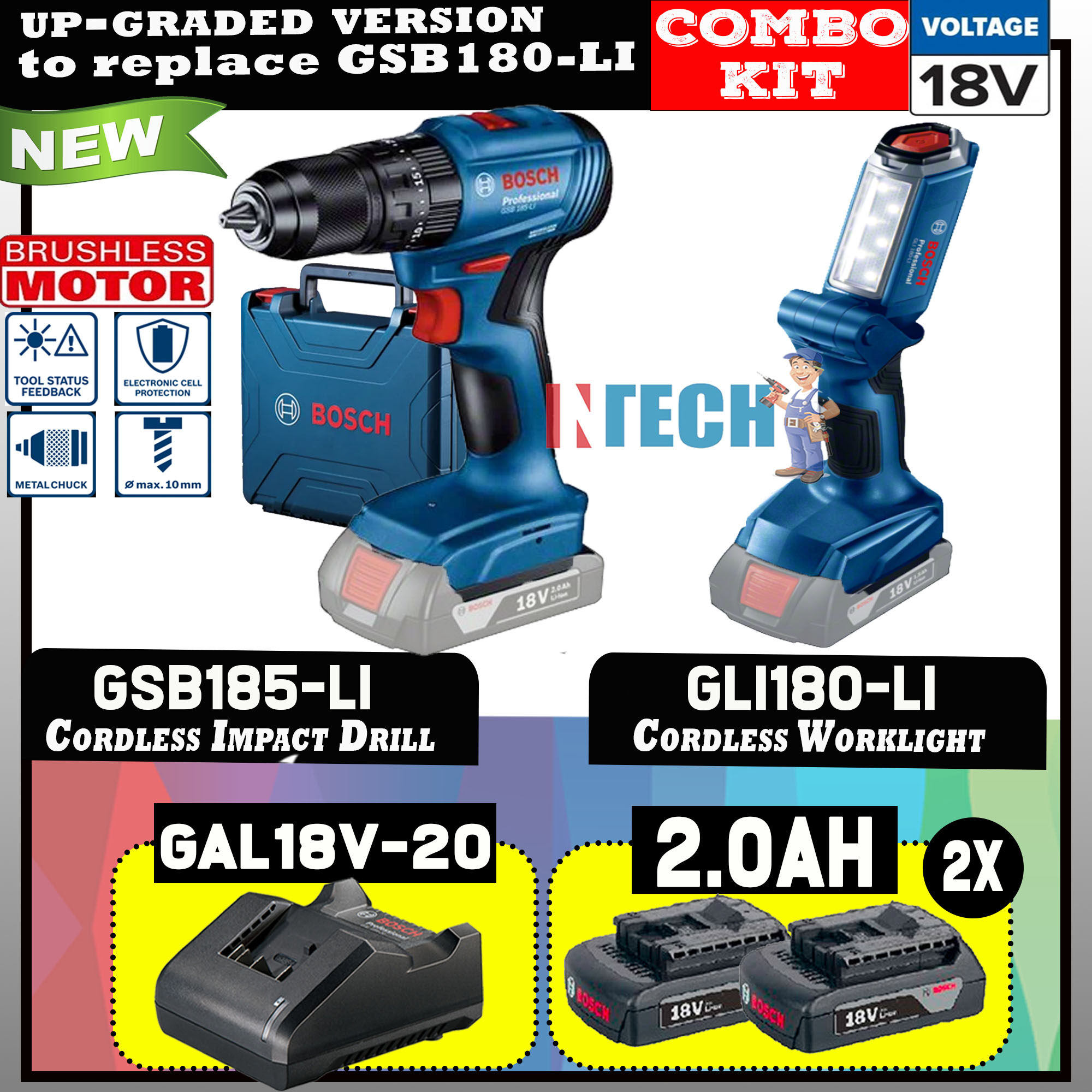 BOSCH COMBO 18V GSB185LI BRUSHLESS MOTOR CORDLESS IMPACT DRILL