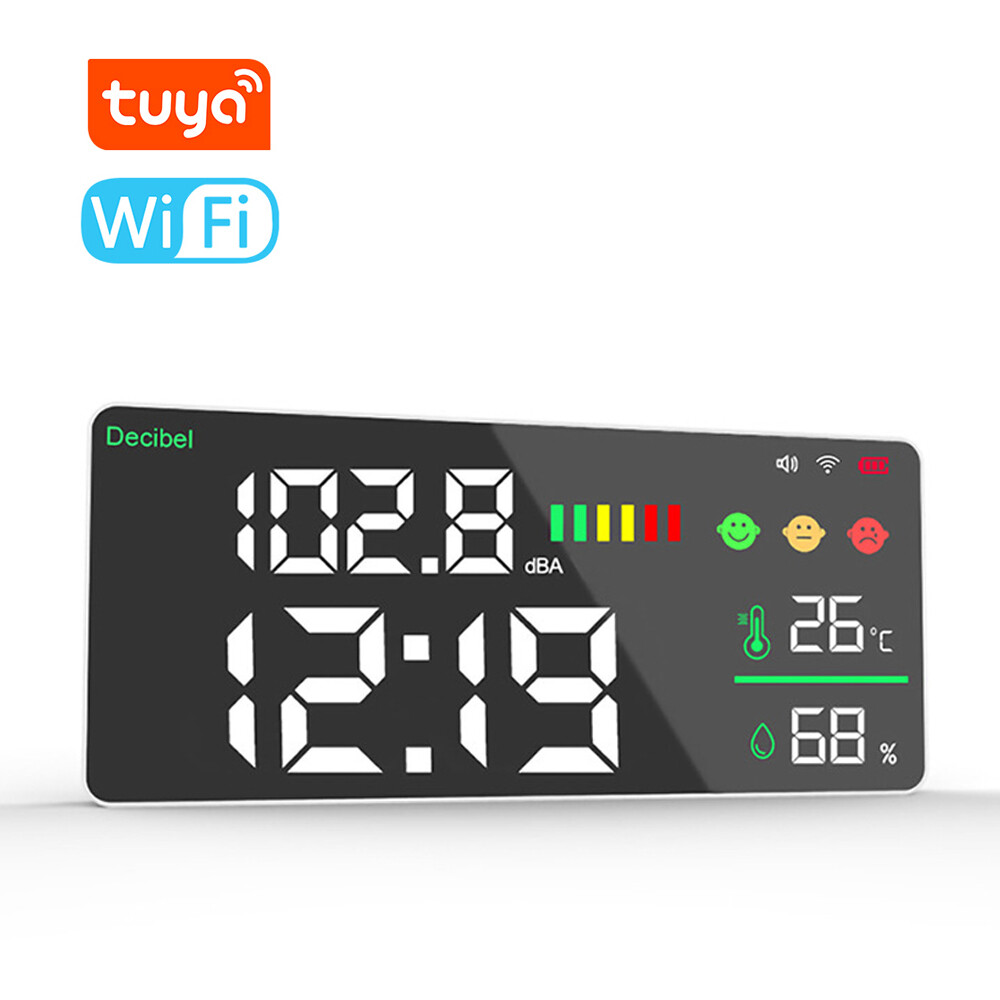 Smart Sensor Tuya WiFi Decibel Meter 4in1 Tem-perature Humidity Decibel Test Alarm Clock 11inch LED Color Display Tuya Intelligent Linkage APP Control Noise Decibel Meter