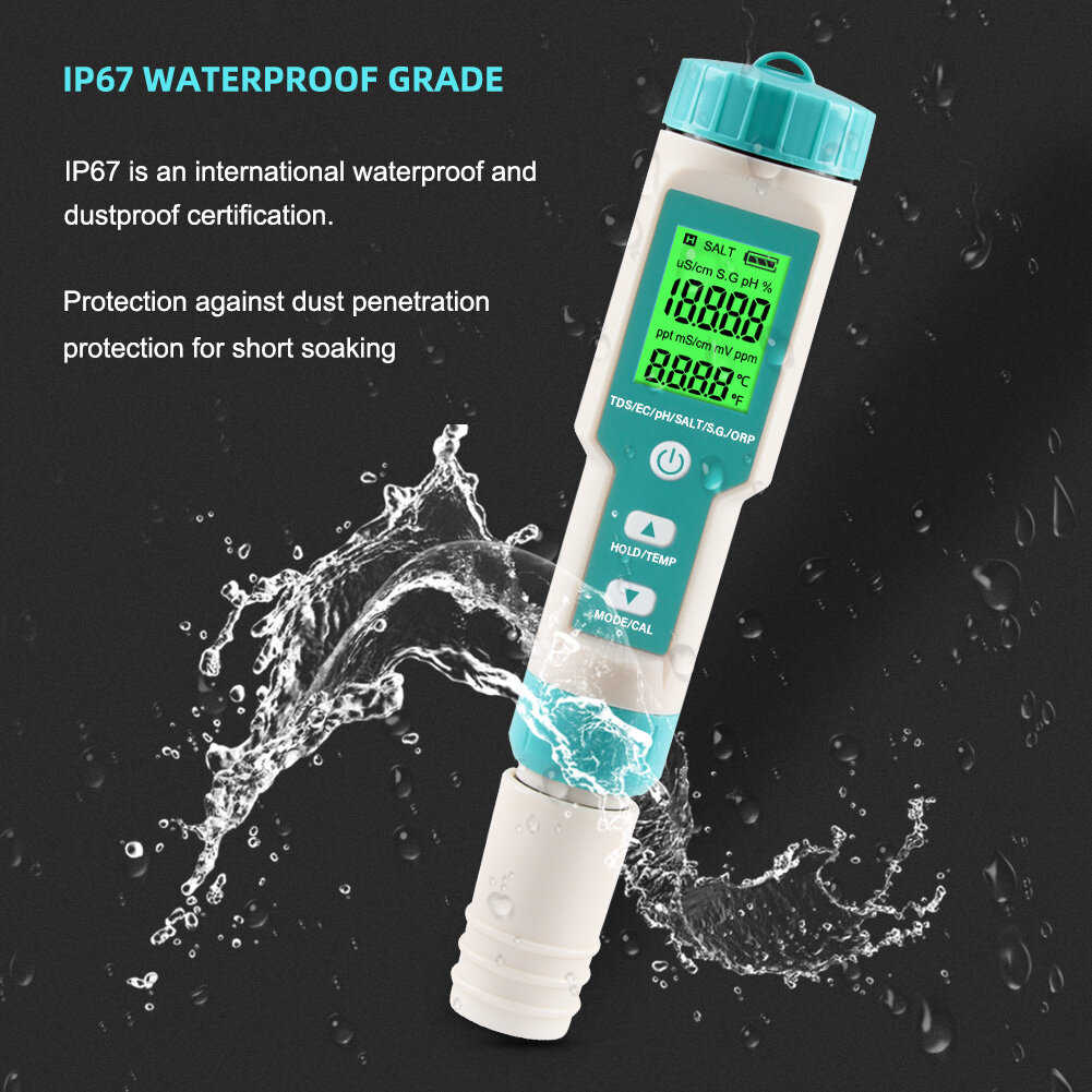 Yieryi pH Meter 7 in 1 PH/EC/TDS/Salinity/S.G/ORP/Temperature Water Quality Meter Hydroponics Tester IP67 Waterproof for Drinking Water, Aquarium