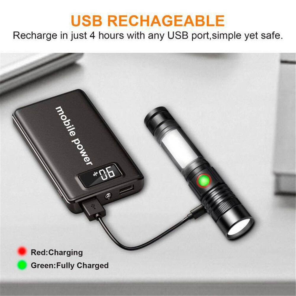 Virwir Original torch light flashlight re-chargeable emergency light re-chargeable led lightT6+COB Zoomable LED Flashlight USB Re-chargeable 1Torch With Magnetic Base