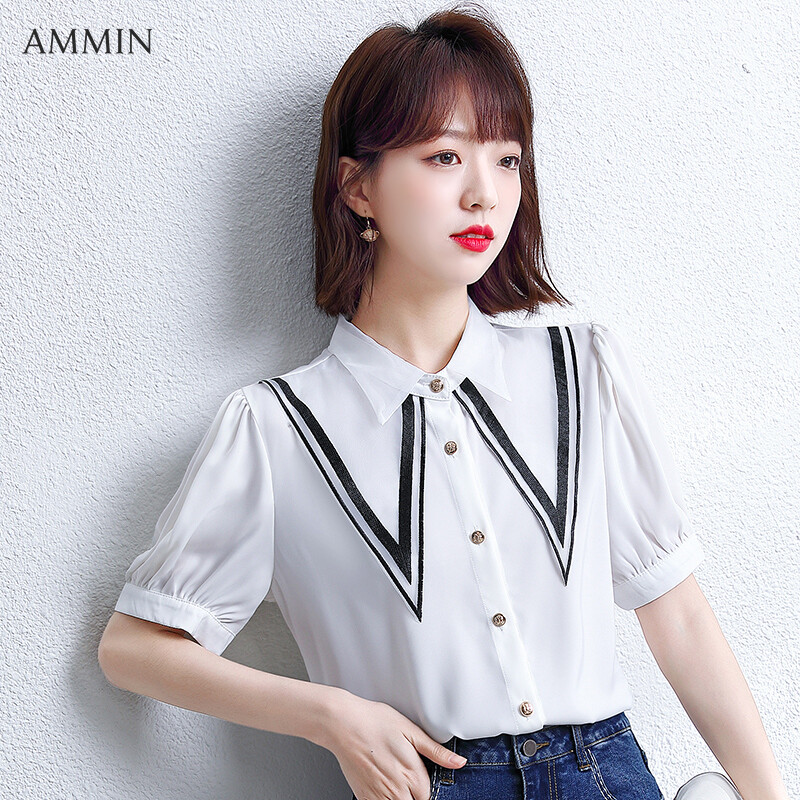 Ammin Tops 2021ฤดูร้อนสไตล์ใหม่ออกแบบส่วนบุคคลหัวเข็มขัดสีทองตีสีเสื้อผู้หญิงหลวมปุ่ม Cardigan 9043