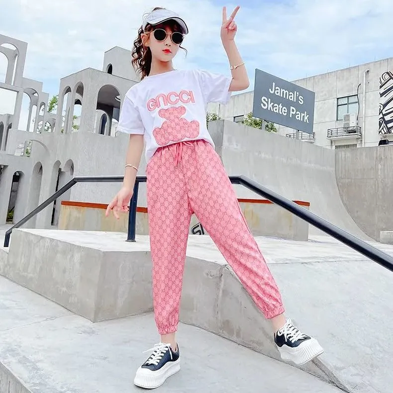 Summer 2022 New Girl Casual Set Kid Short Sleeve Cartoon Pattern T-shi and Long Pants Two Piece Set