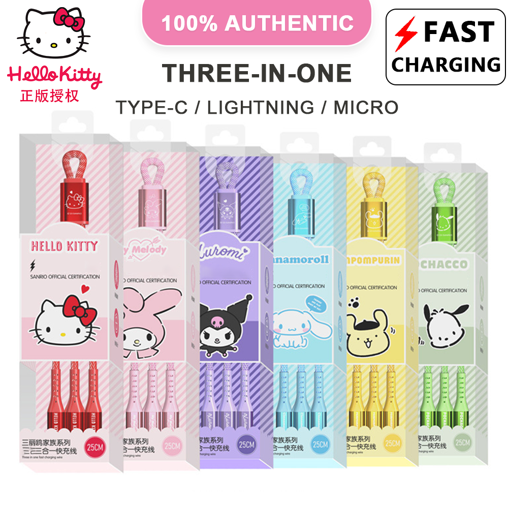 (25cm)100% Authentic Sanrio Hello Kitty Cable 3 in 1 Charging Cable Fast Charging Kuromi USB Cable Type C Lightning Cable Micro USB Cable for iOS,Android Smartphone,Wireless Earbuds Birthday Gift Cinnamoroll AQ8