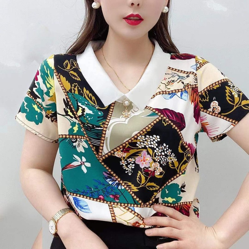 Summer Women Short Sleeve Blouse Fashion Floral Chiffon T-shirt Ladies Temperament Loose Shirt